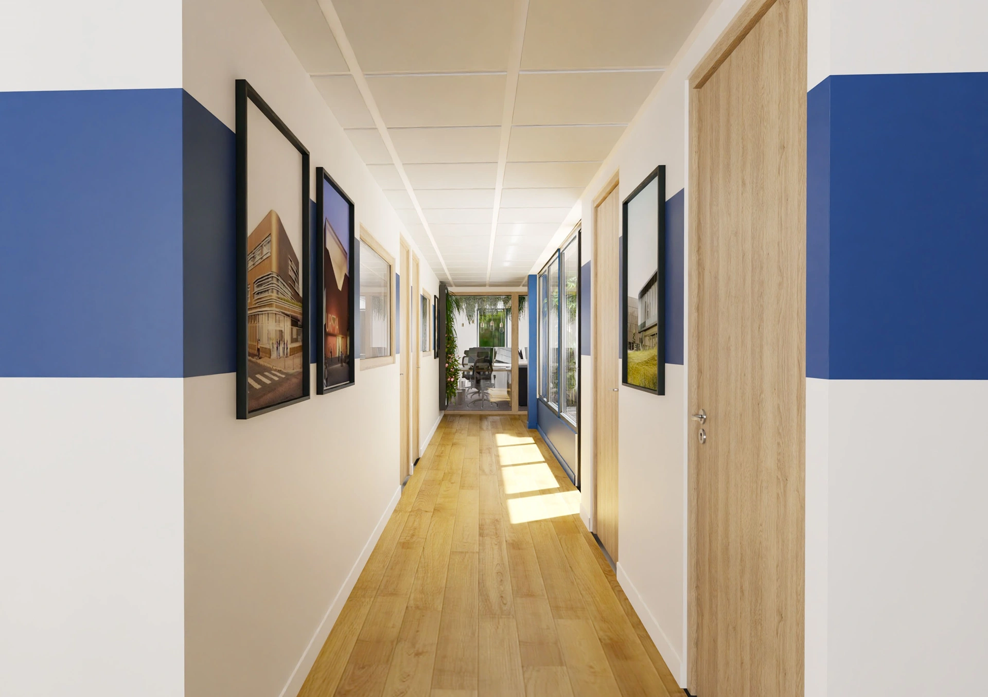 Un couloir moderne et lumineux de style scandinave avec des planchers en bois, des murs blancs à rayures bleues, des photos encadrées de bâtiments et la lumière du soleil qui pénètre près d'une plante verte - une entrée parfaite pour les bureaux professionnels de Hadecoville.