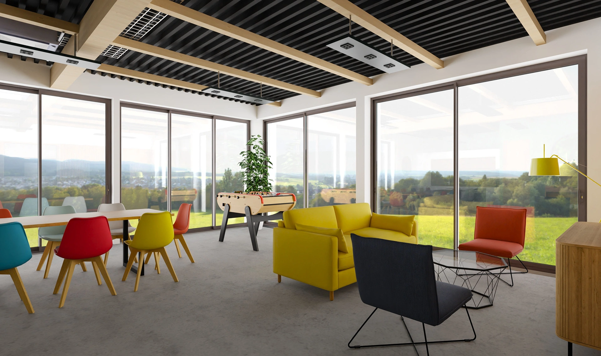 Bureau moderne à Hadecoville bureaux professionnels style scandinave, avec des chaises colorées, des canapés jaunes, un baby-foot, de grandes fenêtres avec des vues panoramiques, et la lumière naturelle illuminant l'espace.