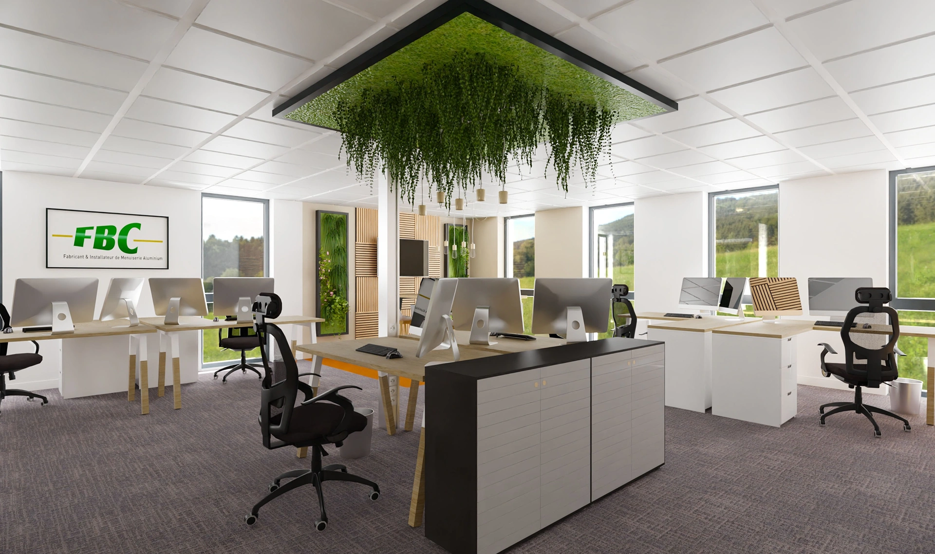 Bureau moderne à Hadecoville avec des bureaux professionnels, des chaises ergonomiques, de grandes fenêtres révélant la verdure extérieure, et un plafond avec des plantes vertes suspendues. Le décor présente un style scandinave et le logo du FBC sur un écran mural.